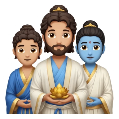 Create a Jesus - men long wavy dark-brown hair, short beard, wearing a simple white robe., Krishna- men blue skin with dark curled hair , and Buddha standing together. Buddha: men warm golden or light tan skin, dark curled hair with a traditional top bun (ushnisha)

 sticker