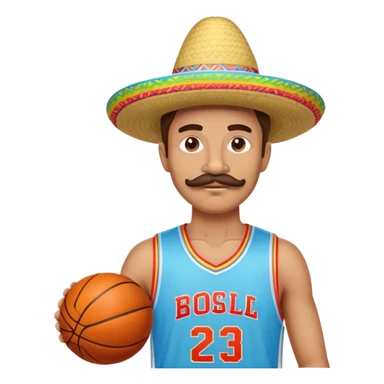 Wearing a fake mustache, a colorful sombrero, and a light blue basketball jersey sticker