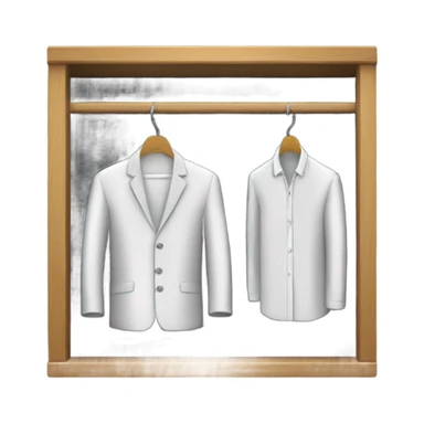 Design an emoji-style icon of an open wardrobe with clothes hanging inside. Include details like a wooden frame, hangers, and only black or white different clothing items such as shirts or any other clothing . Use a clean and minimalistic design. sticker