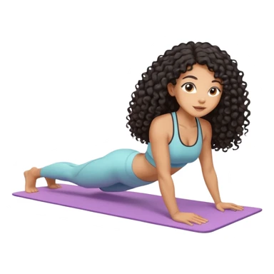 Mixed-race athletic woman with caramel skin, slim thick, long black curly hair, in a plank position on a pastel yoga mat sticker