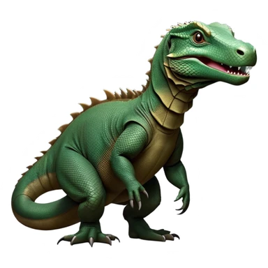 cinematic-komodo-dragon-realistic-full-body-standing-emoji,-massive-scaled-body-poised-with-quiet-power,-rough-textured-skin-dark-green-and-brown,-head-tilted-dramatically,-long-forked-tongue-flicking-out,-simplified-yet-realistic-focused-features,-highly-detailed,-glowing-with-an-almost-sarcastic-glow sticker