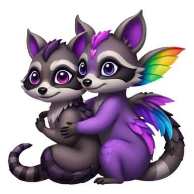 2 black female raccoon dragon hybrids with rainbow colored wings and purple eyes hugging sticker