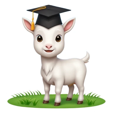cute white goat emoji, wearing black graduation cap, standing on green grass, blue sky, proud and confident sticker