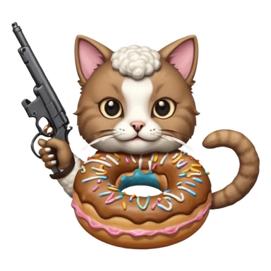 Cat with a sheep head pointing a gun at a donut sticker