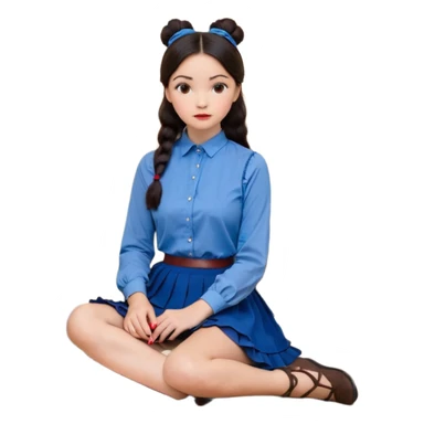 A woman with dark hair, straight and dark brown, styled in two buns, wears a blue long-sleeved shirt and a brown lace ruffled skirt. She holds a crayon in one hand. She sits on the floor with her legs crossed. The floor is covered with five stacks of colorful notebooks and a vase of red roses.  sticker