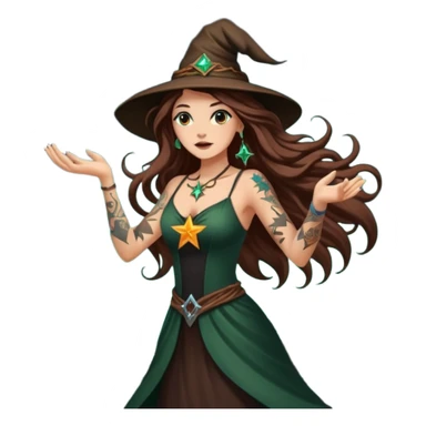 forest witch woman long wavy brown hair tattoos tossing star seed sticker