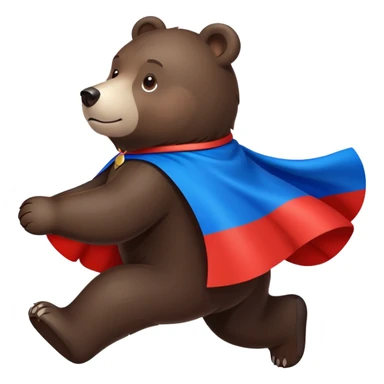 Dark brown bear walking on four paws with Russian tricolor flag (white, blue, red) flowing like a cape over its back and shoulders sticker