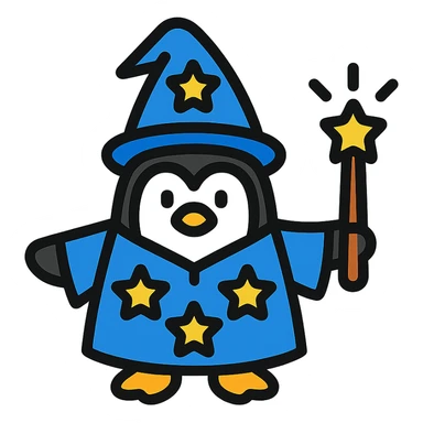 penguin wizard with a starry robe and a glowing wand, colorful outlined icon style sticker
