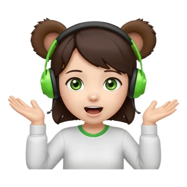 Animated emoji, Chibi girl, dark brown hair, green eyes, wearing a white shirt and small brown bear ears on a black headset, with wide happy surprised eyes and mouth and clapping excitedly sticker