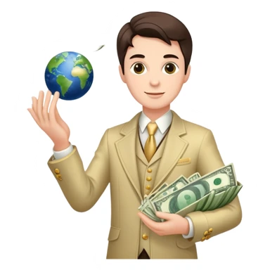 rich person holding the earth in both hands, dressed in fancy clothes with money flying around sticker