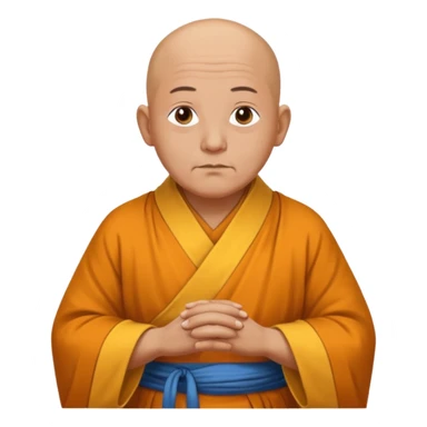 A old bald monk wearing traditional robes, calm expression, hands clasped, in a serene setting sticker