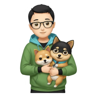 A yellow skin boy, black hair, buzzcut hairstyle, wearing tortoiseshell eyeglasses, green hoodie with zippers, light blue shirt inside, black trousers, black belt, hugging a very cute little black shiba inu sticker