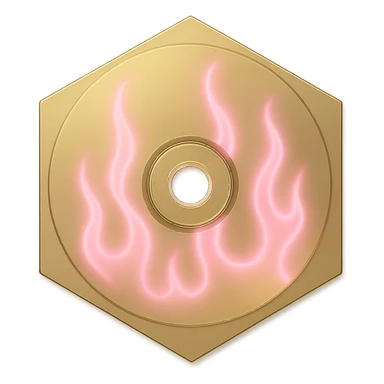 A minimalist CD disc with subtle pink flames, glowing effect, variation 2, style: general, shape: hexagon, color: gold sticker