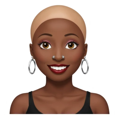 Grown black (proud) woman, bald with a perfect head, a prominent nose with a septum piercing, many piercings on her ears, a gap between her front teeth and very long nails (cynthia erivo) a proud lesbian, with long lashes and glam makeup sticker