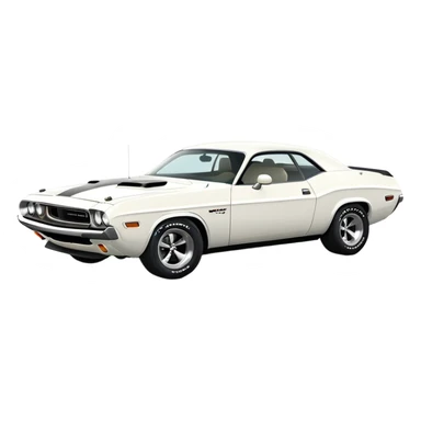 Precisely proportioned white 1971 Dodge Challenger, consistent 30-degree angle showing correct perspective of front and side, authentic muscle car structure, completely white exterior, iOS emoji style sticker
