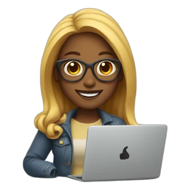memoji of a cool woman smiling and has a laptop sticker