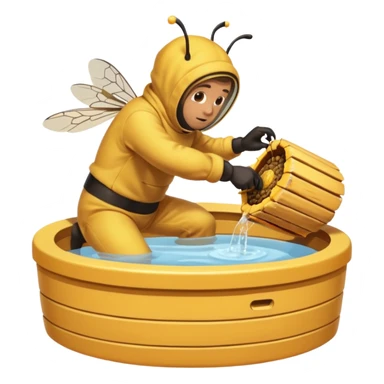 Man removing beehive from hot tub with bee had on sticker