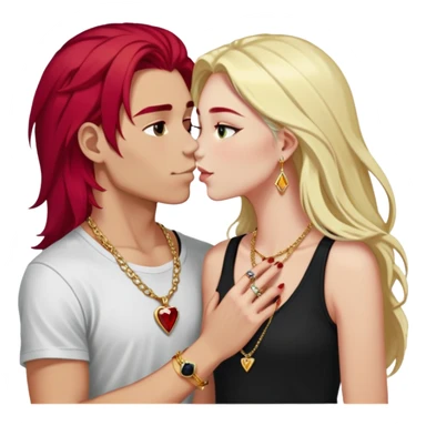 young 20 year old couple kissing, girl with long cherry red hair and dark blonde eyebrows wearing gold necklace with letter A, diamond gold ring, red bracelet and light clothes, boy with bright white hair wearing dark t-shirt and silver ring with black stone sticker