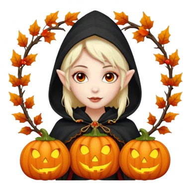 female elf vampire emoji, pale skin, red eyes, elegant face, autumn leaf and pumpkin wreath on head, black hooded cloak with cobweb details, holding small glowing pumpkin lantern, Halloween fantasy theme, Apple emoji style, clean white background, square sticker