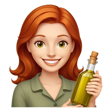 redhead woman with big smile holding olive oil bottle sticker
