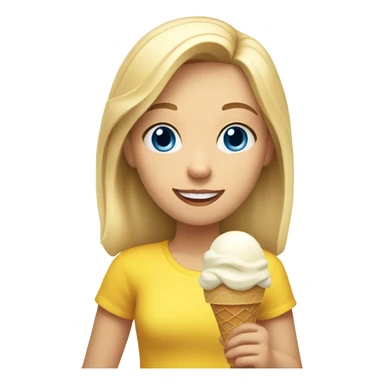 Girl with mid length blonde hair, blue eyes, yellow shirt, holding vanilla ice cream cone sticker