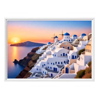 Cinematic Realistic Santorini Caldera Landmark Emoji, featuring white-washed buildings perched on volcanic cliffs, overlooking the deep blue Aegean Sea, with warm sunset hues illuminating the sky and reflecting off the water. sticker