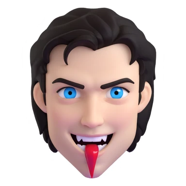 Damon Salvatore as a vampire with dark hair, blue eyes, fangs, smirking, subtle blood on lips sticker