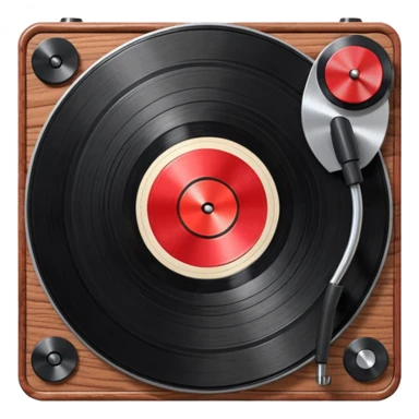 3D render of Vinyl Record, vintage 1980s audio equipment aesthetic, tactile analog buttons, shiny black grooved disc with a red center label, mixed wood grain and brushed aluminum textures, Apple emoji style, isolated on white background --v 6.0 sticker