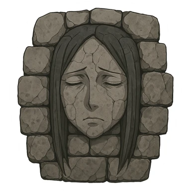 Nigredo's face from Overlord anime, merged into a stone wall, subtle facial features, anime style sticker