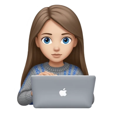 moji of a cute 3D girl with long straight brown hair and big blue eyes, wearing a grey knitted sweater. She is typing on a silver MacBook laptop, white background. sticker