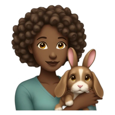black woman long dark brown curly hair holding cute floppy eared light brown bunny sticker