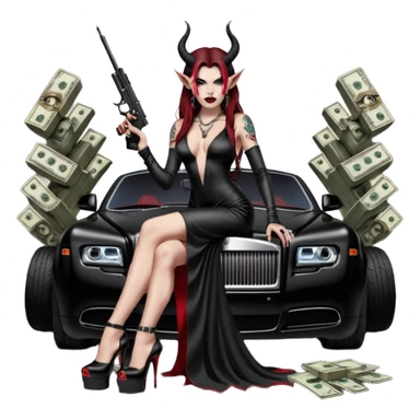 Lilith model red eye sexy black  devil horns.  long brown haired sexy succubus woman with leather long dress slit, sitting on rolls Royce. Wearing Black Platform high heels on feet. Tattoo sleeve arms, she has stacks of cash and a man dead human skull is on top of stack of cash and a gun in  hand sticker