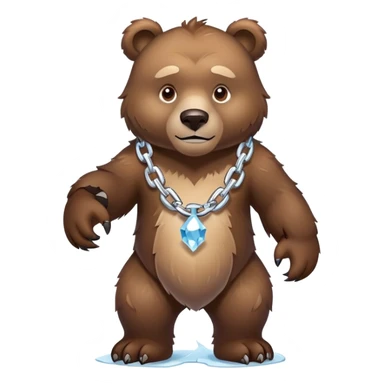 Fierce brown bear walking on four paws with an ice chain necklace, frozen chain links made of crystal clear ice, serious face sticker