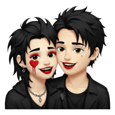 Laughing pale Goth boy with a bunch of face piercings, with shaggy dark brown hair, and messy black eyeliner , smudged, red, lipstick , kissing tan boy with long black hair  sticker