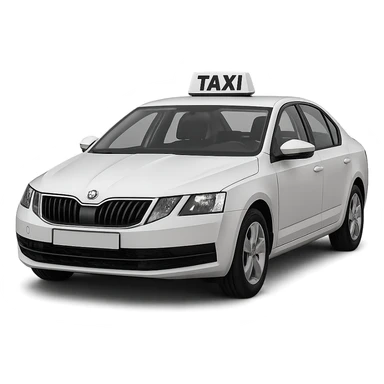 A taxi car with a visible 'TAXI' sign on top, no yellow color, car in neutral color such as white, gray, or black, clear and readable taxi sign sticker