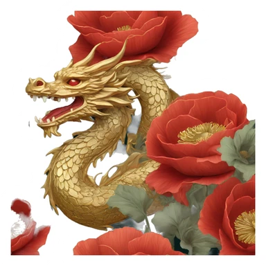 Intricate floral flower red and black and gold and jade dragon face with flowers poppies roses detailed sticker