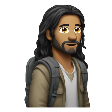 Homeless man with long straight black hair wearing backpack sticker