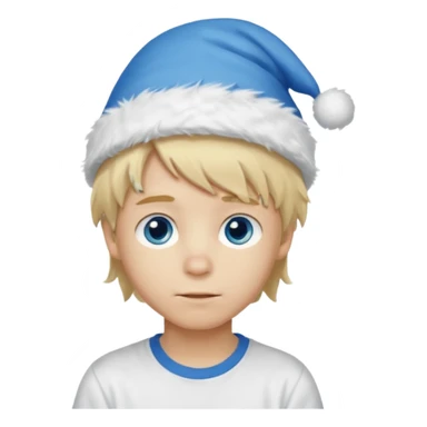 create boy blonde hair long messy, light eyes, white t shirt, rich, long hair, eyes blue, acessory head cristimas blue hat, fluffy hair medium long sticker