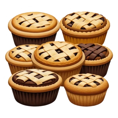 Baking community avatar in clean emoji-style illustration. Pies, cookies, and muffins grouped together, warm golden tones, simple shapes, flat design, high contrast, cozy and friendly. sticker