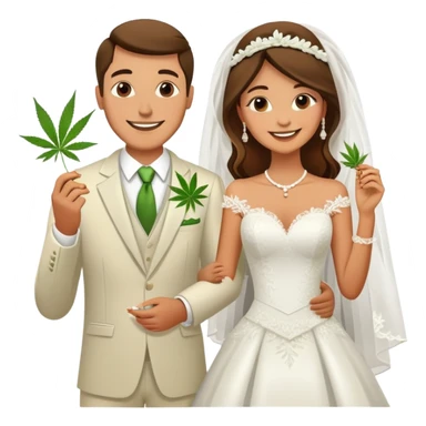 Newlywed couple, bride and groom, full body, sharing a cannabis joint at wedding sticker