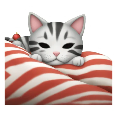 striped kitten sleeping in bed next to christmas tree sticker