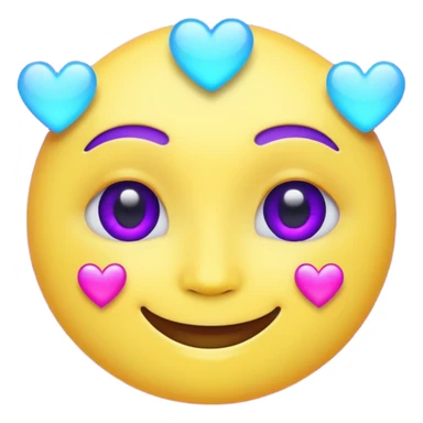 Futuristic glowing smiling face emoji with neon hearts instead of eyes, purple and blue holographic light, dark background sticker