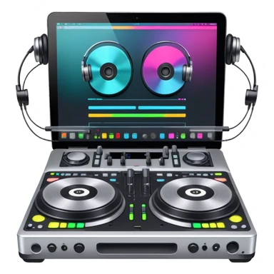 Create a professional and technical emoji that represents remixing music. The design should feature a high-end DJ controller, turntables with vinyl records, and a sound mixing console with faders to symbolize the technical aspects of remixing. Include elements like studio headphones and a laptop or digital audio workstation (DAW) screen to reflect the tools used in music production. Use colors like black, silver, and neon accents to convey the professional, high-tech nature of remixing. The background should be transparent. sticker