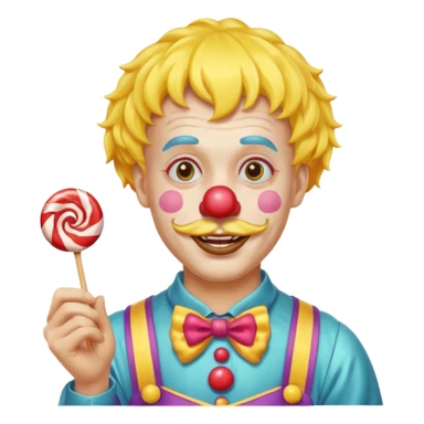 Funny clown — yellow wig, mustache, candy in hand sticker
