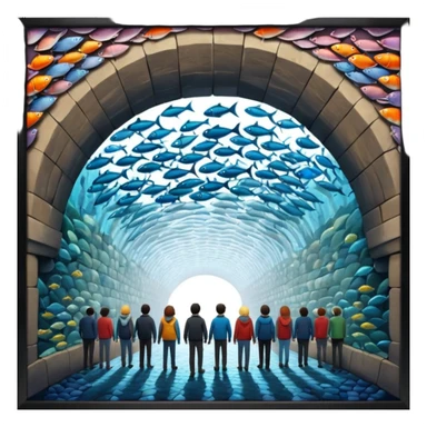 des gens qui sont dans un tunnele et les parois c'est des poissons  sticker