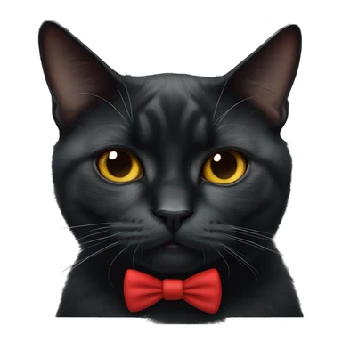Grumpy black cat with white triangle marking only under the  chin ( nose is back, nose bridge is black) wearing a red bow tie  sticker