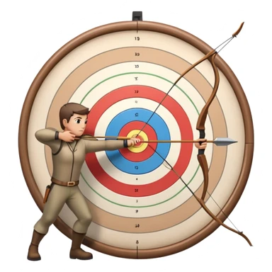 An archer pulling back a bowstring, aiming at a target in the distance. The target features concentric rings, and the scene conveys focus and precision. The background captures the essence of an outdoor archery range, highlighting skill and concentration in the sport. sticker