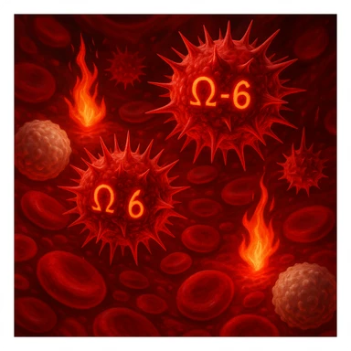 close-up detail in blood: omega-6 molecules shown as spiky, bright red, menacing forms activating inflammatory signals or small flames among healthy cells, white blood cells defending, surreal medical semi-realistic style with red light effects sticker
