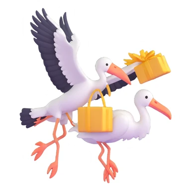 stork flying with a human baby in a bundle, close-up sticker