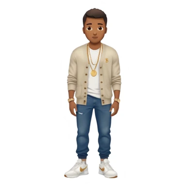 Handsome Black guy with brown skin tone, with muscular build, wearing long baggy dark denim jeans, a white t-shirt, a Burberry cardigan, white Nike sneakers, a gold watch, and a dainty chain sticker
